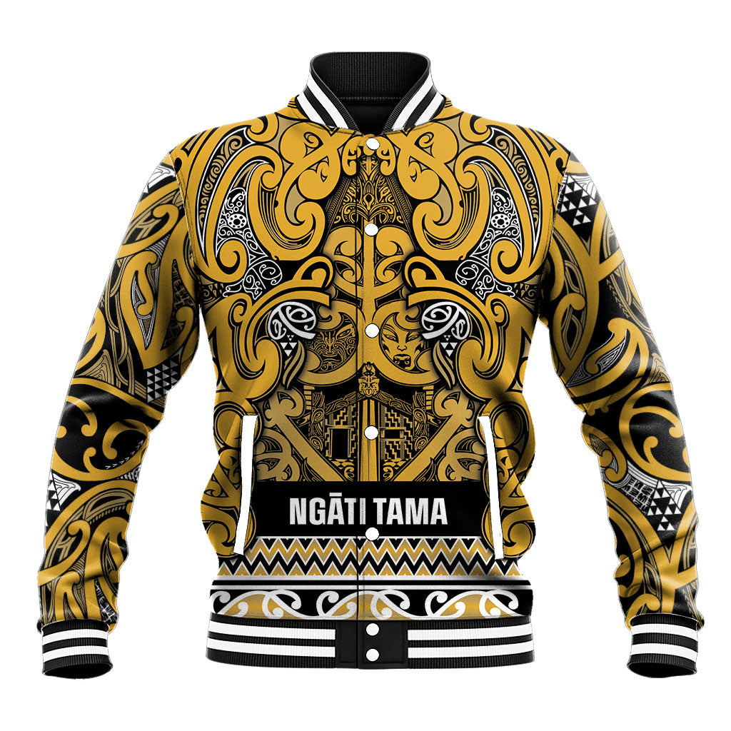 Aotearoa Iwi Ngāti Tama ki Te Waipounamu Trust Baseball Jacket Maori Wharenui House Tribal Pattern LT9 Unisex Gold - Polynesian Pride