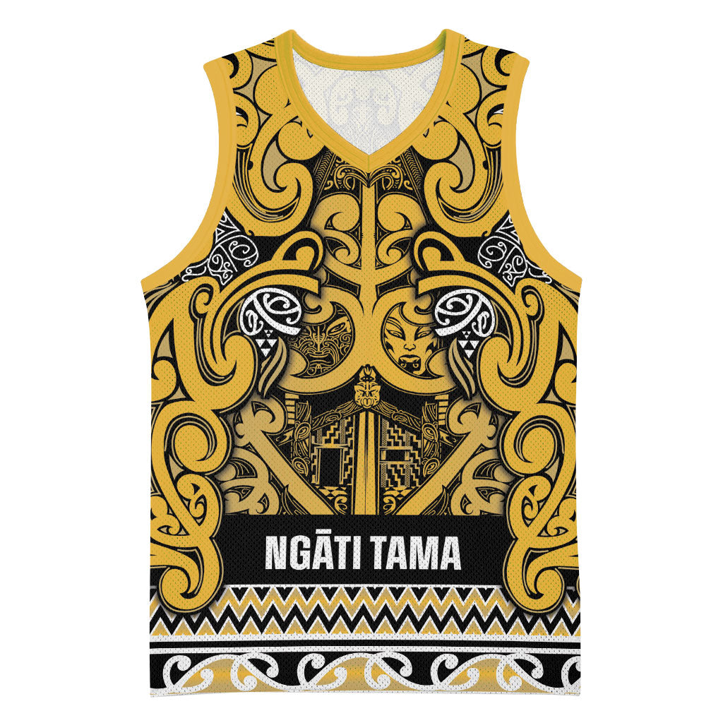 Aotearoa Iwi Ngāti Tama ki Te Waipounamu Trust Basketball Jersey Maori Wharenui House Tribal Pattern LT9 Unisex Gold - Polynesian Pride