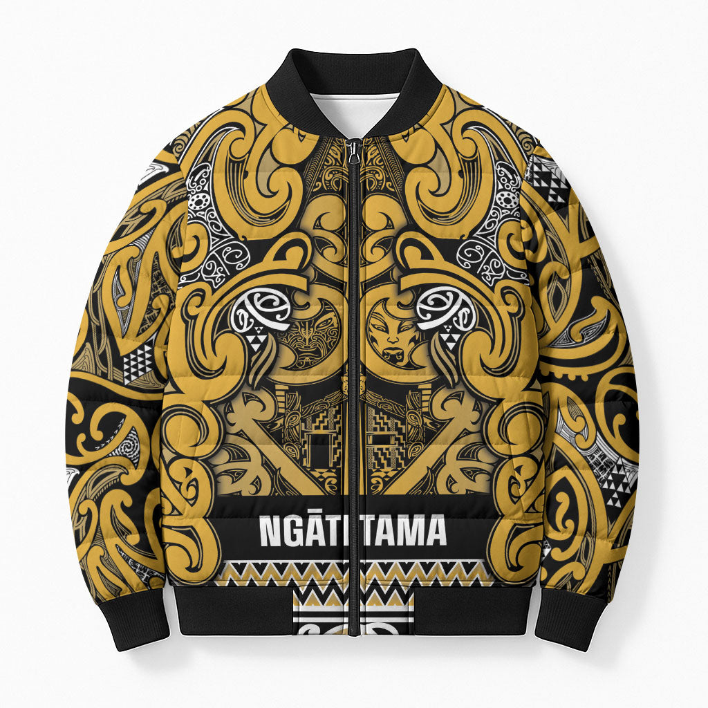 Aotearoa Iwi Ngāti Tama ki Te Waipounamu Trust Bomber Puffer Jacket Maori Wharenui House Tribal Pattern LT9 Unisex Gold - Polynesian Pride