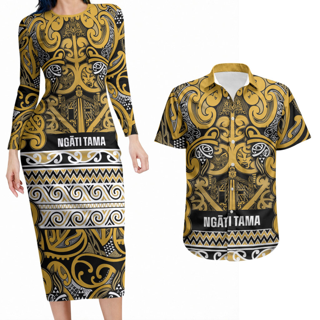 Aotearoa Iwi Ngāti Tama ki Te Waipounamu Trust Couples Matching Long Sleeve Bodycon Dress and Hawaiian Shirt Maori Wharenui House Tribal Pattern LT9 Gold - Polynesian Pride