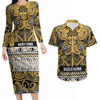 Aotearoa Iwi Ngāti Tama ki Te Waipounamu Trust Couples Matching Long Sleeve Bodycon Dress and Hawaiian Shirt Maori Wharenui House Tribal Pattern LT9 Gold - Polynesian Pride