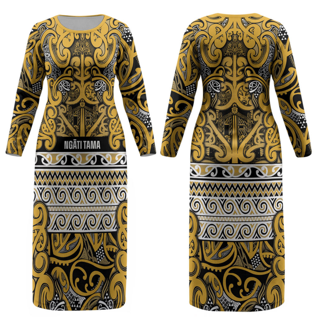 Aotearoa Iwi Ngāti Tama ki Te Waipounamu Trust Couples Matching Long Sleeve Bodycon Dress and Hawaiian Shirt Maori Wharenui House Tribal Pattern LT9 - Polynesian Pride
