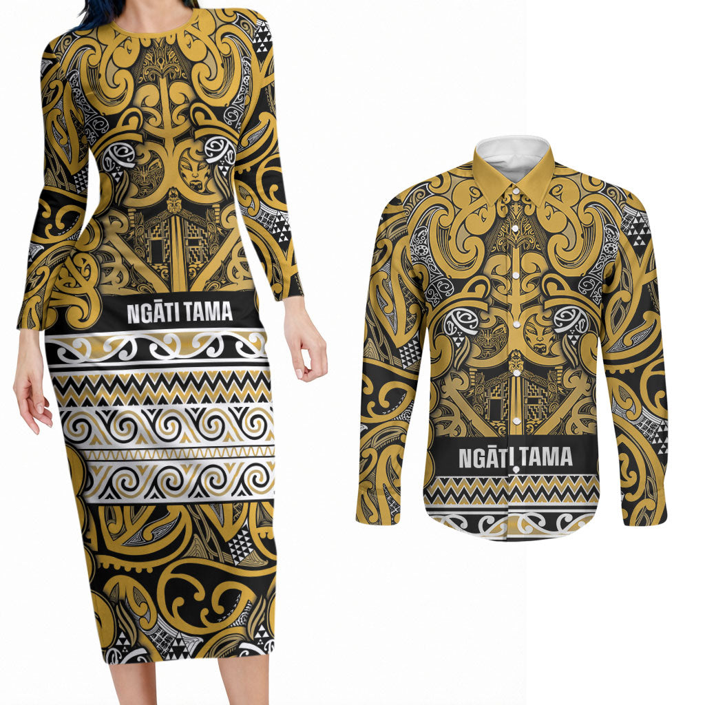Aotearoa Iwi Ngāti Tama ki Te Waipounamu Trust Couples Matching Long Sleeve Bodycon Dress and Long Sleeve Button Shirt Maori Wharenui House Tribal Pattern LT9 Gold - Polynesian Pride