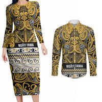 Aotearoa Iwi Ngāti Tama ki Te Waipounamu Trust Couples Matching Long Sleeve Bodycon Dress and Long Sleeve Button Shirt Maori Wharenui House Tribal Pattern LT9 Gold - Polynesian Pride