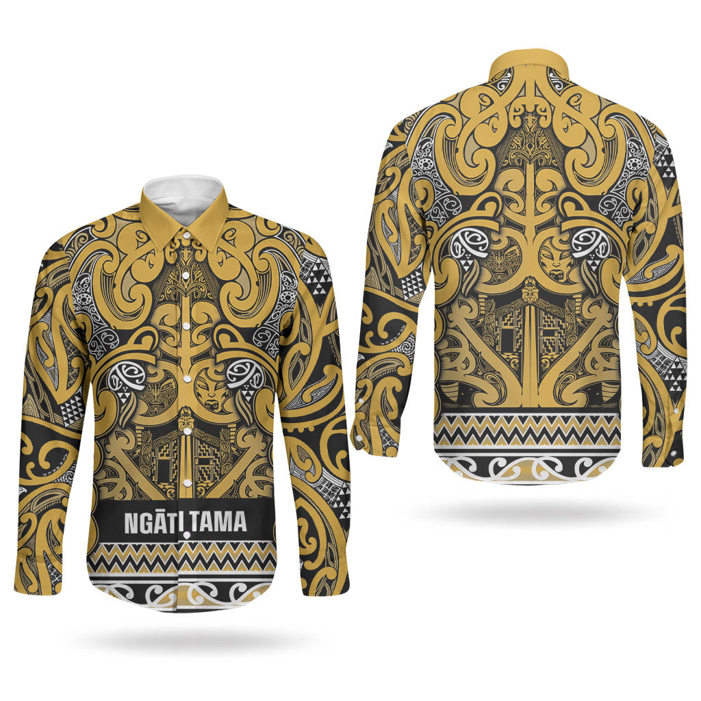 Aotearoa Iwi Ngāti Tama ki Te Waipounamu Trust Couples Matching Long Sleeve Bodycon Dress and Long Sleeve Button Shirt Maori Wharenui House Tribal Pattern LT9 - Polynesian Pride