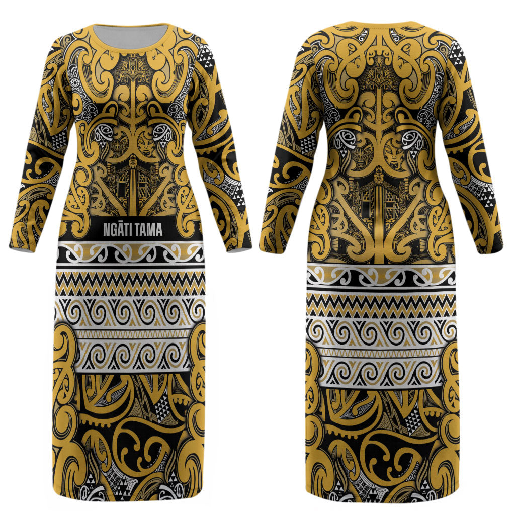 Aotearoa Iwi Ngāti Tama ki Te Waipounamu Trust Couples Matching Long Sleeve Bodycon Dress and Long Sleeve Button Shirt Maori Wharenui House Tribal Pattern LT9 - Polynesian Pride