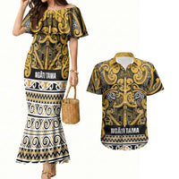 Aotearoa Iwi Ngāti Tama ki Te Waipounamu Trust Couples Matching Mermaid Dress and Hawaiian Shirt Maori Wharenui House Tribal Pattern LT9 Gold - Polynesian Pride