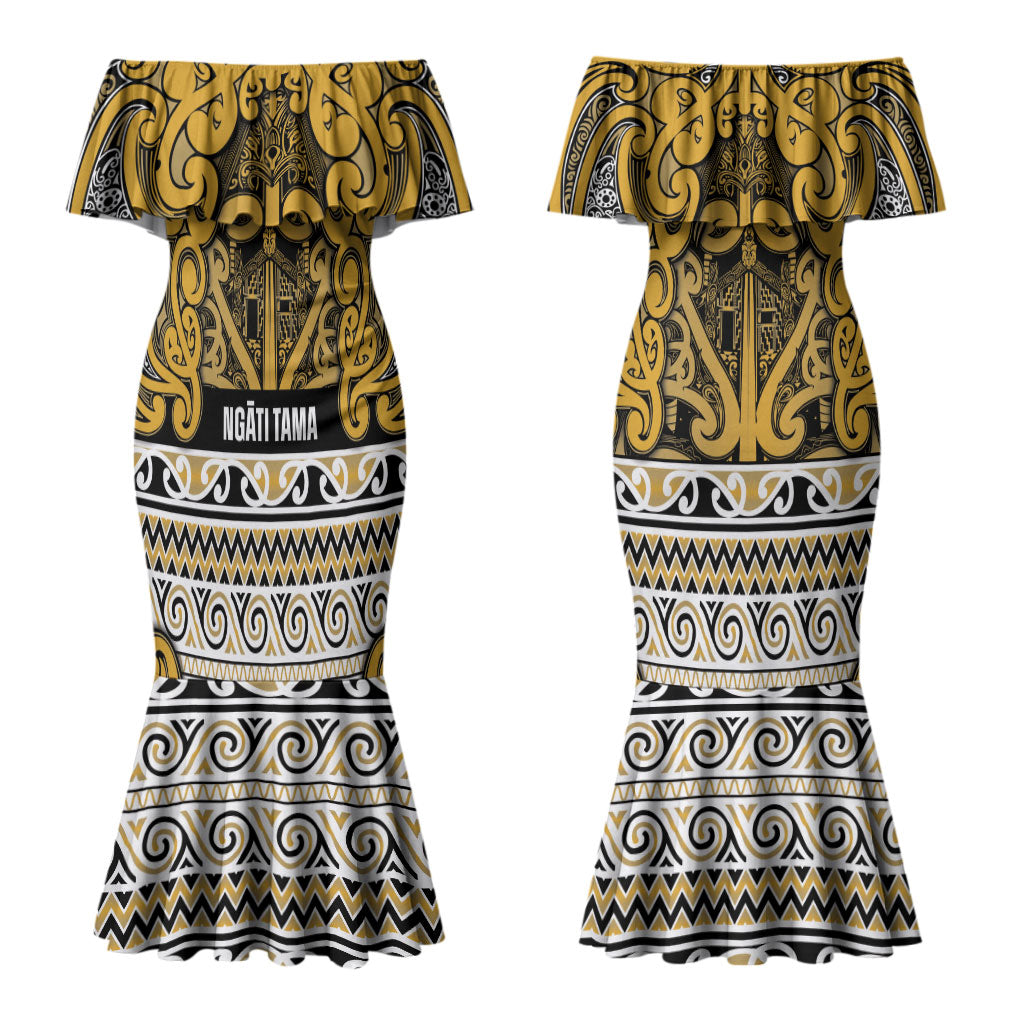 Aotearoa Iwi Ngāti Tama ki Te Waipounamu Trust Couples Matching Mermaid Dress and Hawaiian Shirt Maori Wharenui House Tribal Pattern LT9 - Polynesian Pride