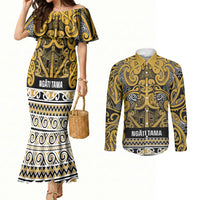 Aotearoa Iwi Ngāti Tama ki Te Waipounamu Trust Couples Matching Mermaid Dress and Long Sleeve Button Shirt Maori Wharenui House Tribal Pattern LT9 Gold - Polynesian Pride