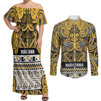 Aotearoa Iwi Ngāti Tama ki Te Waipounamu Trust Couples Matching Off Shoulder Maxi Dress and Long Sleeve Button Shirt Maori Wharenui House Tribal Pattern LT9 Gold - Polynesian Pride