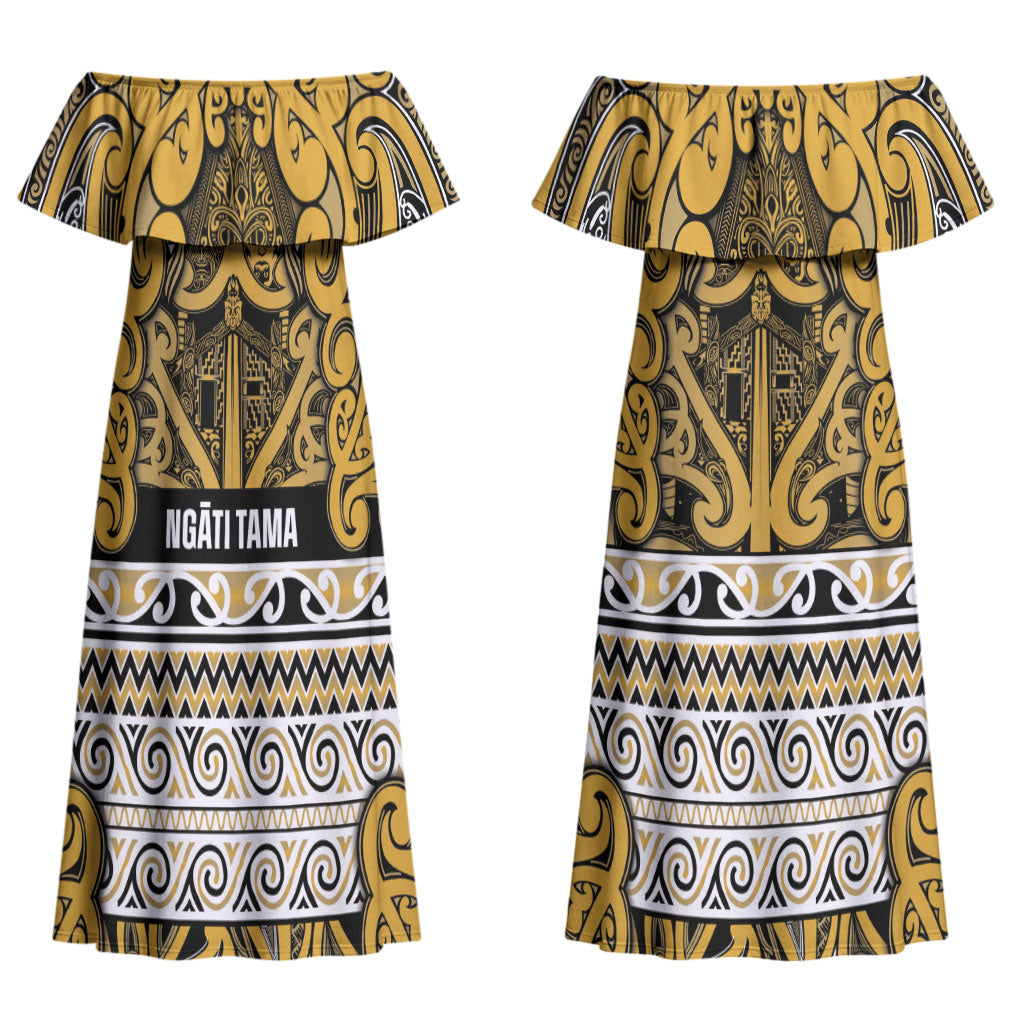 Aotearoa Iwi Ngāti Tama ki Te Waipounamu Trust Couples Matching Off Shoulder Maxi Dress and Long Sleeve Button Shirt Maori Wharenui House Tribal Pattern LT9 - Polynesian Pride