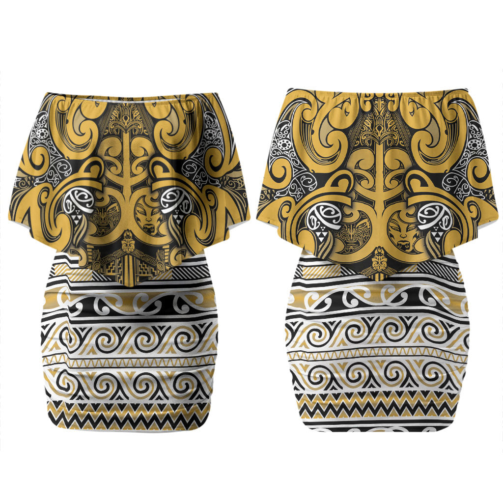 Aotearoa Iwi Ngāti Tama ki Te Waipounamu Trust Couples Matching Off Shoulder Short Dress and Hawaiian Shirt Maori Wharenui House Tribal Pattern LT9 - Polynesian Pride