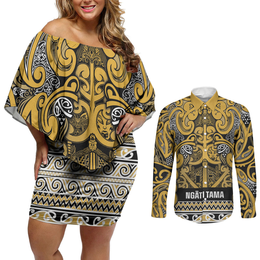 Aotearoa Iwi Ngāti Tama ki Te Waipounamu Trust Couples Matching Off Shoulder Short Dress and Long Sleeve Button Shirt Maori Wharenui House Tribal Pattern LT9 Gold - Polynesian Pride
