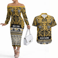 Aotearoa Iwi Ngāti Tama ki Te Waipounamu Trust Couples Matching Off The Shoulder Long Sleeve Dress and Hawaiian Shirt Maori Wharenui House Tribal Pattern