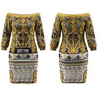 Aotearoa Iwi Ngāti Tama ki Te Waipounamu Trust Couples Matching Off The Shoulder Long Sleeve Dress and Long Sleeve Button Shirt Maori Wharenui House Tribal Pattern LT9 - Polynesian Pride