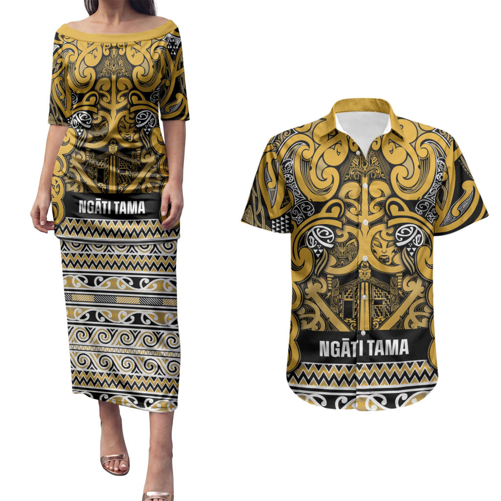 Aotearoa Iwi Ngāti Tama ki Te Waipounamu Trust Couples Matching Puletasi and Hawaiian Shirt Maori Wharenui House Tribal Pattern LT9 Gold - Polynesian Pride