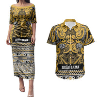 Aotearoa Iwi Ngāti Tama ki Te Waipounamu Trust Couples Matching Puletasi and Hawaiian Shirt Maori Wharenui House Tribal Pattern LT9 Gold - Polynesian Pride