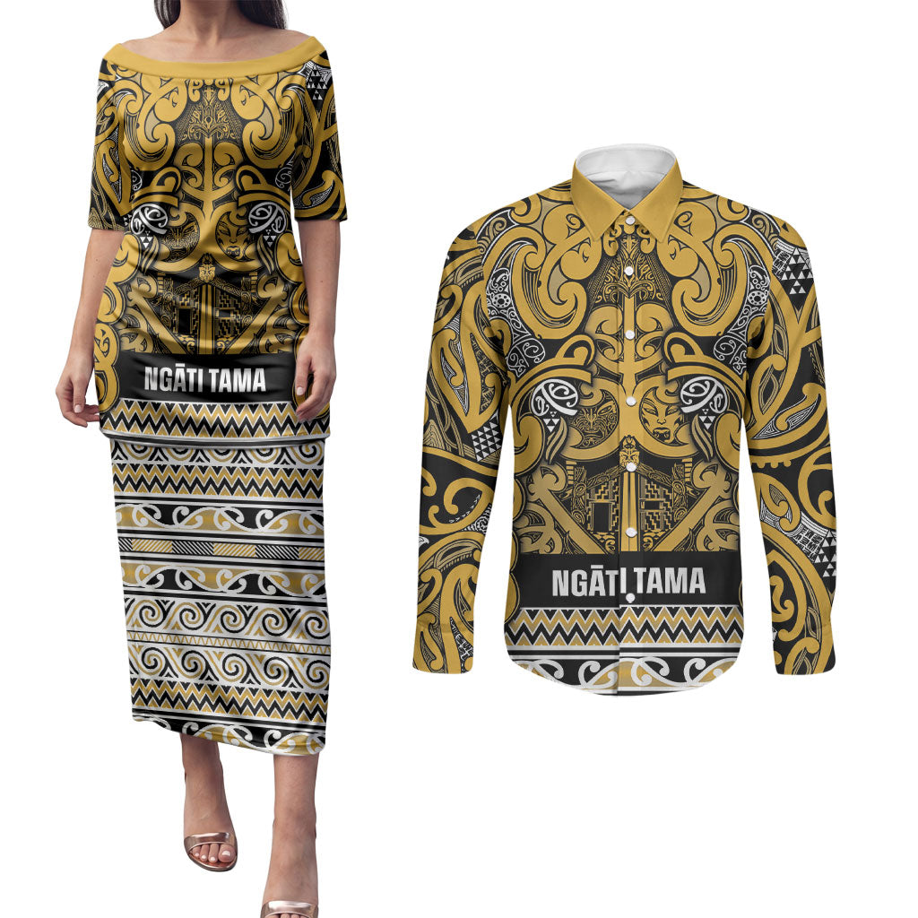 Aotearoa Iwi Ngāti Tama ki Te Waipounamu Trust Couples Matching Puletasi and Long Sleeve Button Shirt Maori Wharenui House Tribal Pattern LT9 Gold - Polynesian Pride
