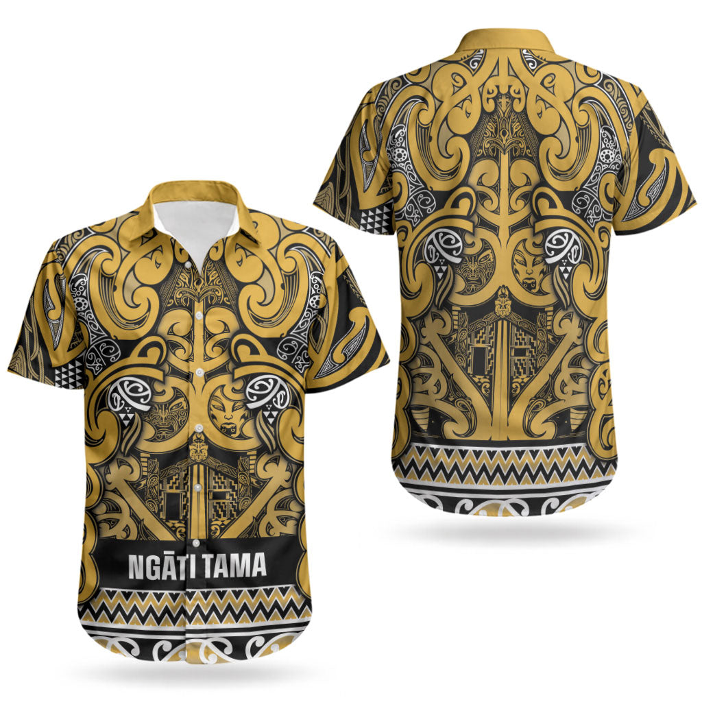 Aotearoa Iwi Ngāti Tama ki Te Waipounamu Trust Couples Matching Short Sleeve Bodycon Dress and Hawaiian Shirt Maori Wharenui House Tribal Pattern LT9 - Polynesian Pride