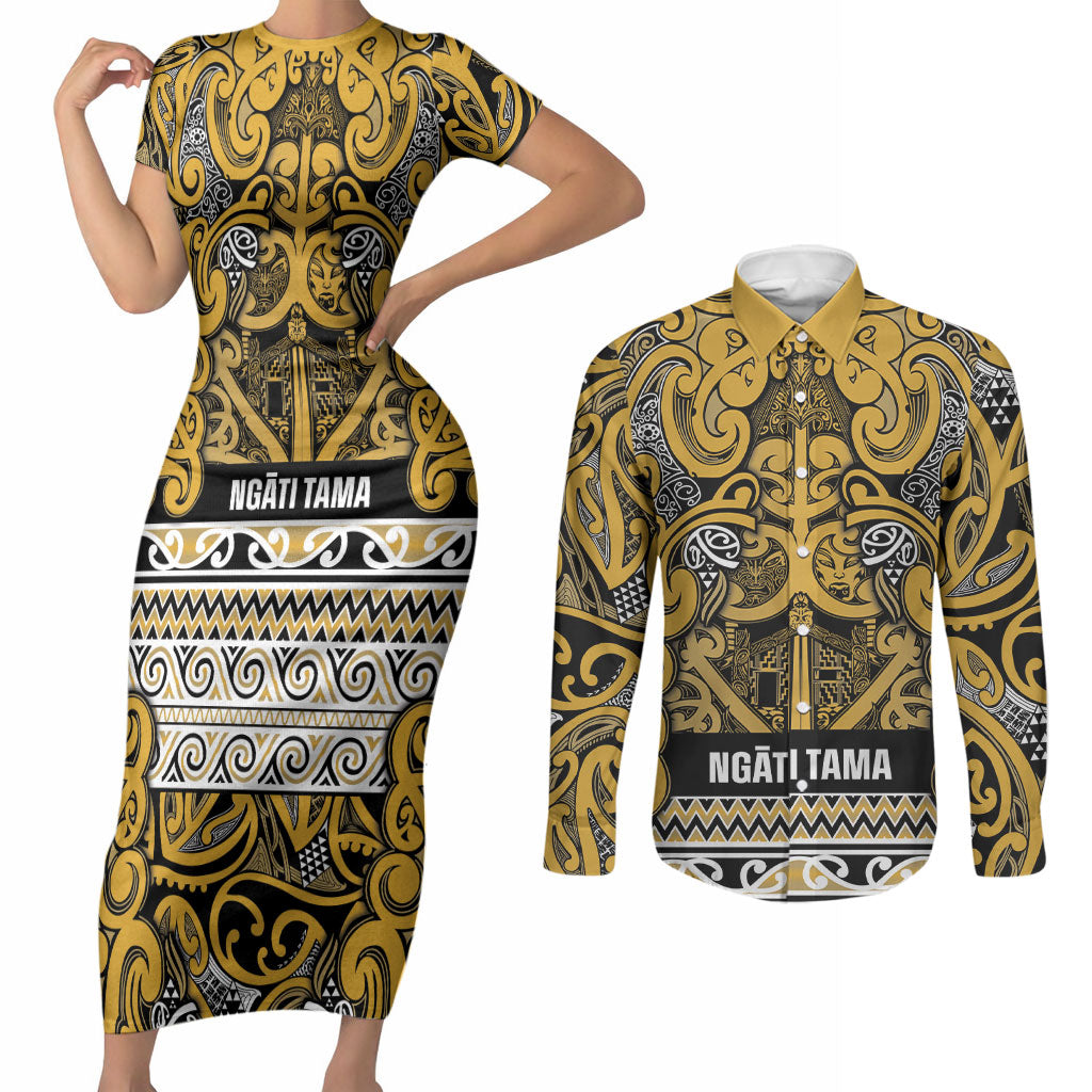 Aotearoa Iwi Ngāti Tama ki Te Waipounamu Trust Couples Matching Short Sleeve Bodycon Dress and Long Sleeve Button Shirt Maori Wharenui House Tribal Pattern