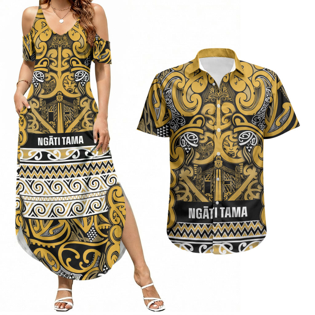 Aotearoa Iwi Ngāti Tama ki Te Waipounamu Trust Couples Matching Summer Maxi Dress and Hawaiian Shirt Maori Wharenui House Tribal Pattern LT9 Gold - Polynesian Pride