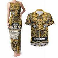 Aotearoa Iwi Ngāti Tama ki Te Waipounamu Trust Couples Matching Tank Maxi Dress and Hawaiian Shirt Maori Wharenui House Tribal Pattern LT9 Gold - Polynesian Pride