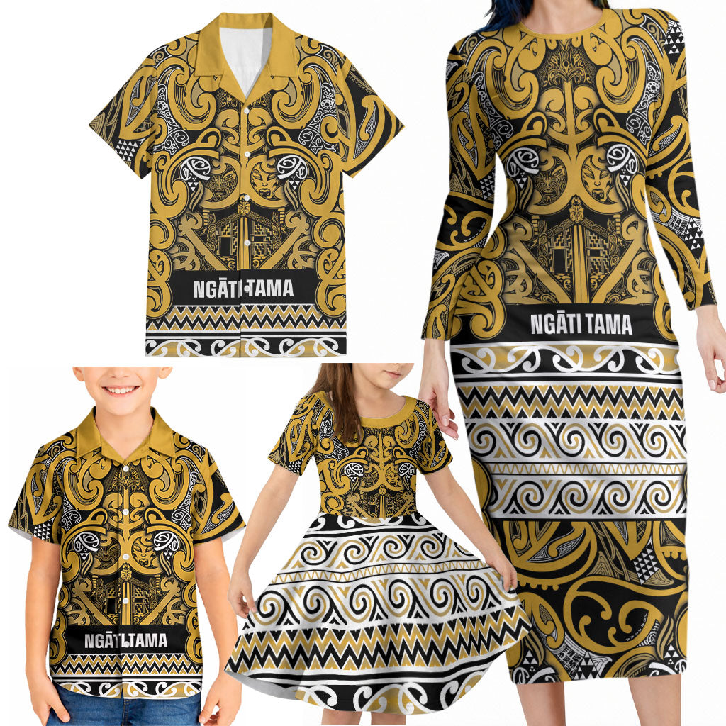 Aotearoa Iwi Ngāti Tama ki Te Waipounamu Trust Family Matching Long Sleeve Bodycon Dress and Hawaiian Shirt Maori Wharenui House Tribal Pattern LT9 - Polynesian Pride