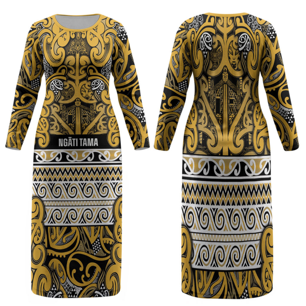 Aotearoa Iwi Ngāti Tama ki Te Waipounamu Trust Family Matching Long Sleeve Bodycon Dress and Hawaiian Shirt Maori Wharenui House Tribal Pattern LT9 Mom's Dress Gold - Polynesian Pride
