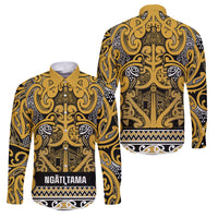 Aotearoa Iwi Ngāti Tama ki Te Waipounamu Trust Family Matching Long Sleeve Bodycon Dress and Hawaiian Shirt Maori Wharenui House Tribal Pattern LT9 Dad's Shirt - Long Sleeve Gold - Polynesian Pride