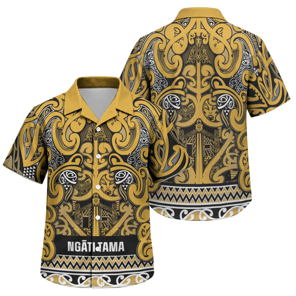 Aotearoa Iwi Ngāti Tama ki Te Waipounamu Trust Family Matching Long Sleeve Bodycon Dress and Hawaiian Shirt Maori Wharenui House Tribal Pattern LT9 Son's Shirt Gold - Polynesian Pride