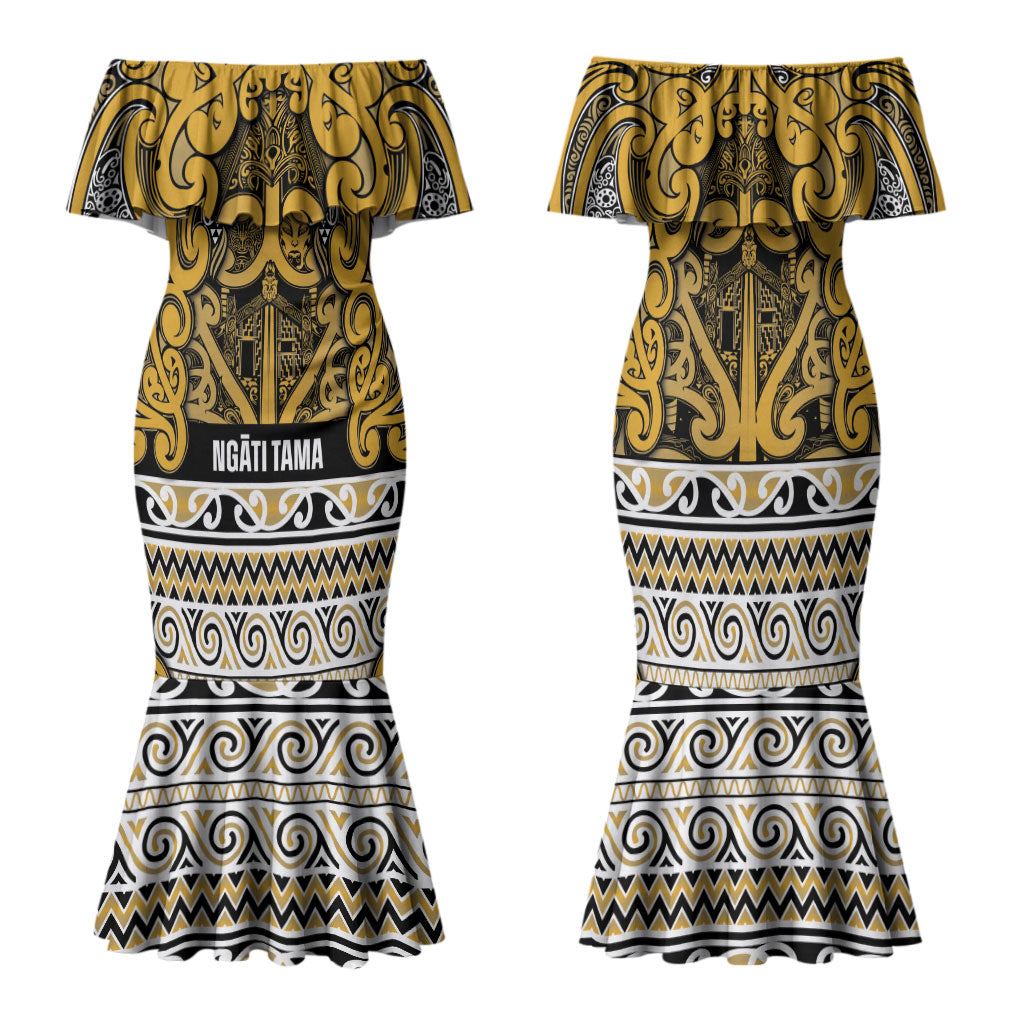 Aotearoa Iwi Ngāti Tama ki Te Waipounamu Trust Family Matching Mermaid Dress and Hawaiian Shirt Maori Wharenui House Tribal Pattern LT9 Mom's Dress Gold - Polynesian Pride