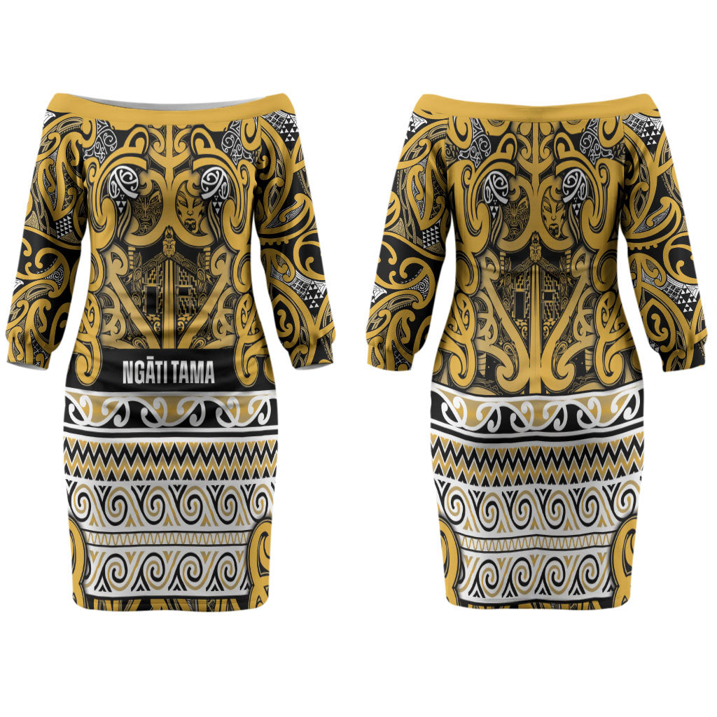 Aotearoa Iwi Ngāti Tama ki Te Waipounamu Trust Family Matching Off The Shoulder Long Sleeve Dress and Hawaiian Shirt Maori Wharenui House Tribal Pattern LT9 Mom's Dress Gold - Polynesian Pride