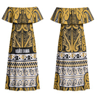 Aotearoa Iwi Ngāti Tama ki Te Waipounamu Trust Family Matching Off Shoulder Maxi Dress and Hawaiian Shirt Maori Wharenui House Tribal Pattern LT9 Mom's Dress Gold - Polynesian Pride