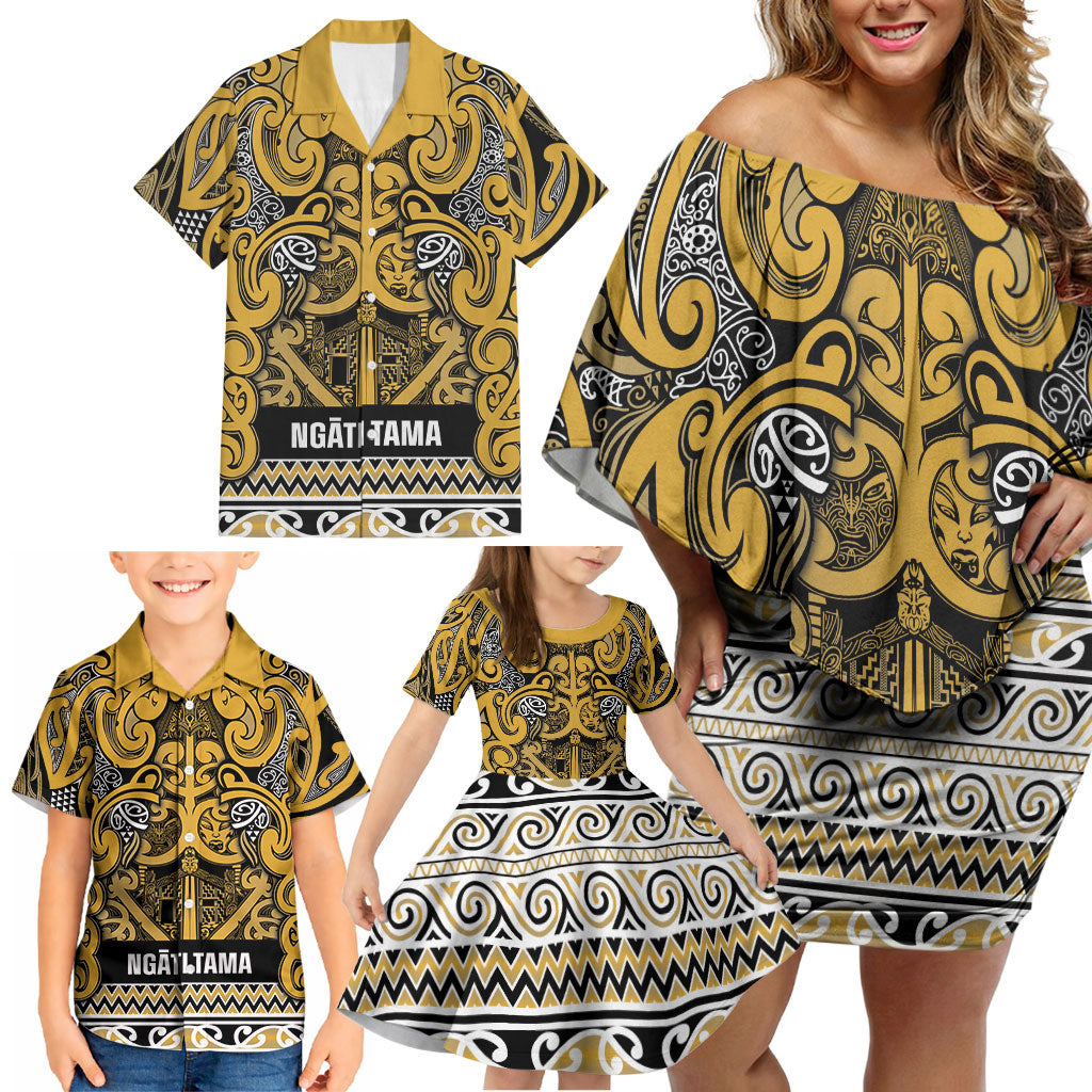 Aotearoa Iwi Ngāti Tama ki Te Waipounamu Trust Family Matching Off Shoulder Short Dress and Hawaiian Shirt Maori Wharenui House Tribal Pattern LT9 - Polynesian Pride