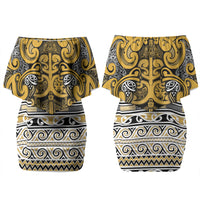 Aotearoa Iwi Ngāti Tama ki Te Waipounamu Trust Family Matching Off Shoulder Short Dress and Hawaiian Shirt Maori Wharenui House Tribal Pattern LT9 Mom's Dress Gold - Polynesian Pride