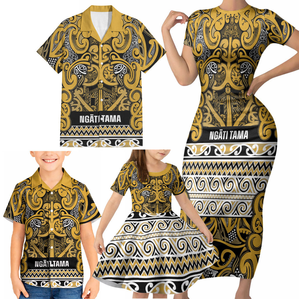 Aotearoa Iwi Ngāti Tama ki Te Waipounamu Trust Family Matching Short Sleeve Bodycon Dress and Hawaiian Shirt Maori Wharenui House Tribal Pattern LT9 - Polynesian Pride