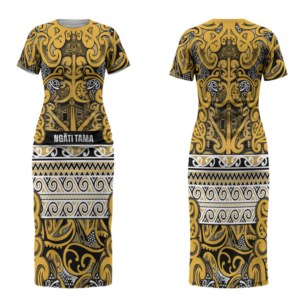 Aotearoa Iwi Ngāti Tama ki Te Waipounamu Trust Family Matching Short Sleeve Bodycon Dress and Hawaiian Shirt Maori Wharenui House Tribal Pattern LT9 Mom's Dress Gold - Polynesian Pride
