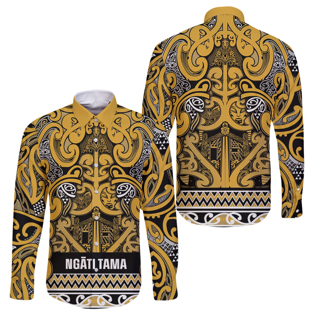 Aotearoa Iwi Ngāti Tama ki Te Waipounamu Trust Family Matching Short Sleeve Bodycon Dress and Hawaiian Shirt Maori Wharenui House Tribal Pattern LT9 Dad's Shirt - Long Sleeve Gold - Polynesian Pride