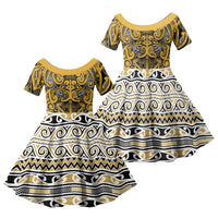 Aotearoa Iwi Ngāti Tama ki Te Waipounamu Trust Family Matching Short Sleeve Bodycon Dress and Hawaiian Shirt Maori Wharenui House Tribal Pattern LT9 Daughter's Dress Gold - Polynesian Pride