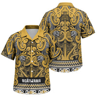 Aotearoa Iwi Ngāti Tama ki Te Waipounamu Trust Family Matching Short Sleeve Bodycon Dress and Hawaiian Shirt Maori Wharenui House Tribal Pattern LT9 Son's Shirt Gold - Polynesian Pride