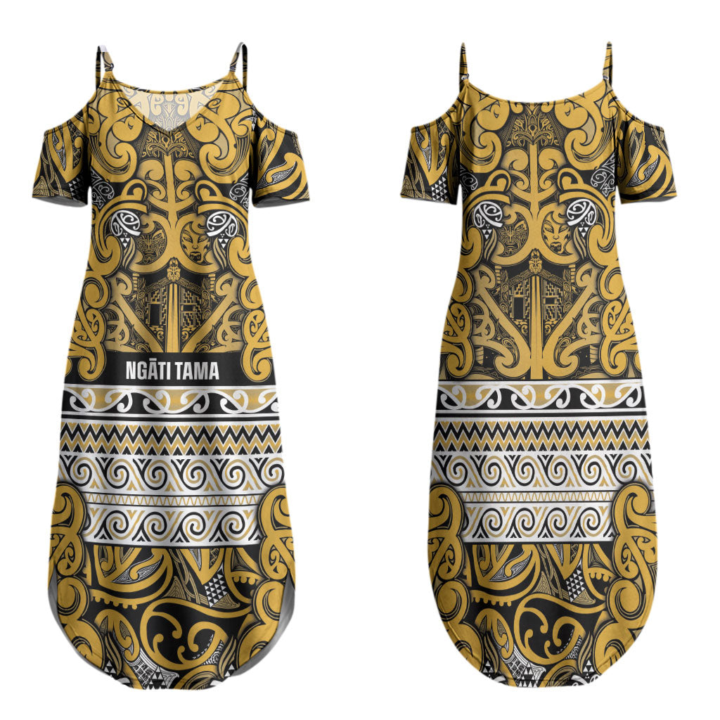 Aotearoa Iwi Ngāti Tama ki Te Waipounamu Trust Family Matching Summer Maxi Dress and Hawaiian Shirt Maori Wharenui House Tribal Pattern LT9 Mom's Dress Gold - Polynesian Pride