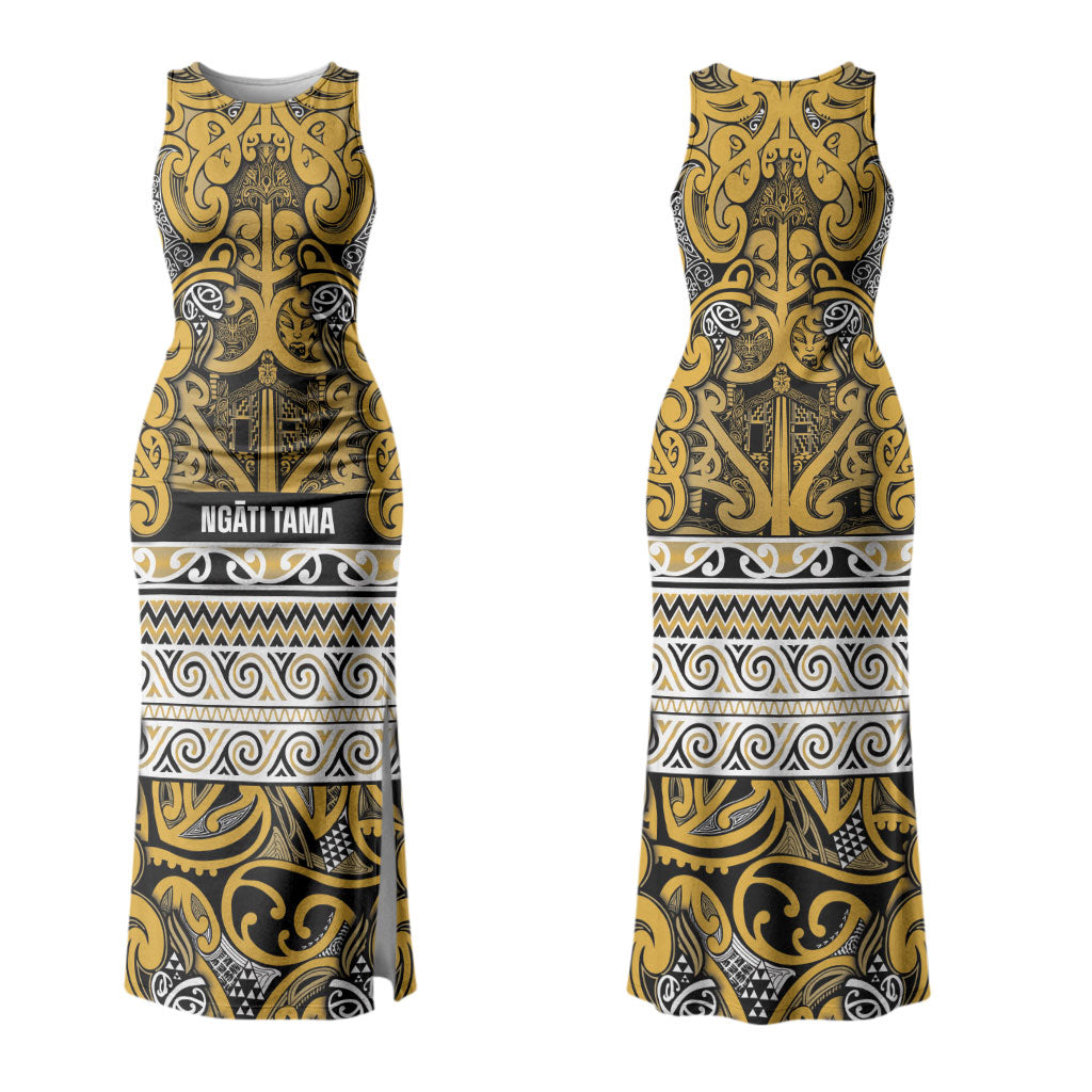 Aotearoa Iwi Ngāti Tama ki Te Waipounamu Trust Family Matching Tank Maxi Dress and Hawaiian Shirt Maori Wharenui House Tribal Pattern LT9 Mom's Dress Gold - Polynesian Pride