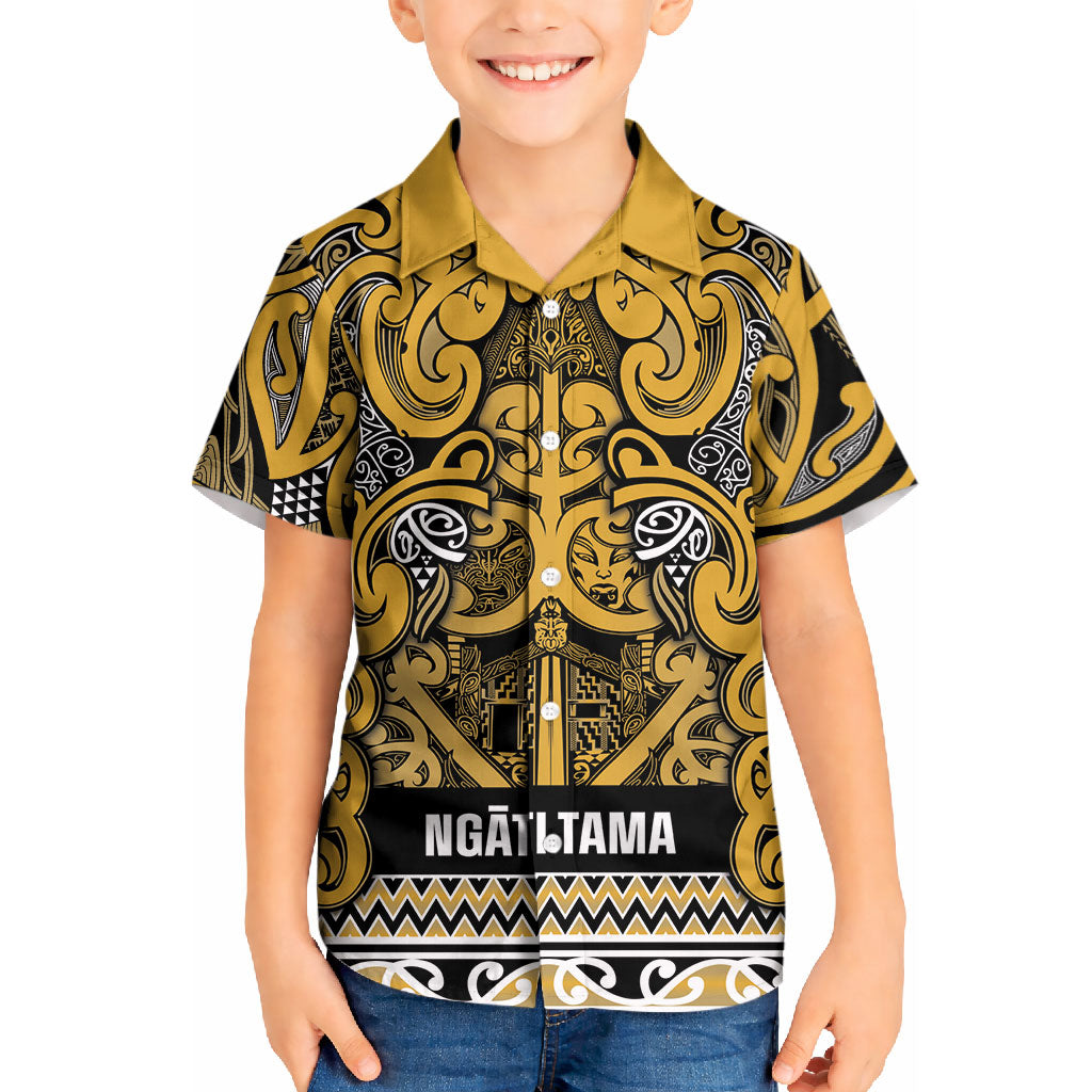 Aotearoa Iwi Ngāti Tama ki Te Waipounamu Trust Kid Hawaiian Shirt Maori Wharenui House Tribal Pattern LT9 Kid Gold - Polynesian Pride