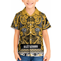 Aotearoa Iwi Ngāti Tama ki Te Waipounamu Trust Kid Hawaiian Shirt Maori Wharenui House Tribal Pattern LT9 Kid Gold - Polynesian Pride