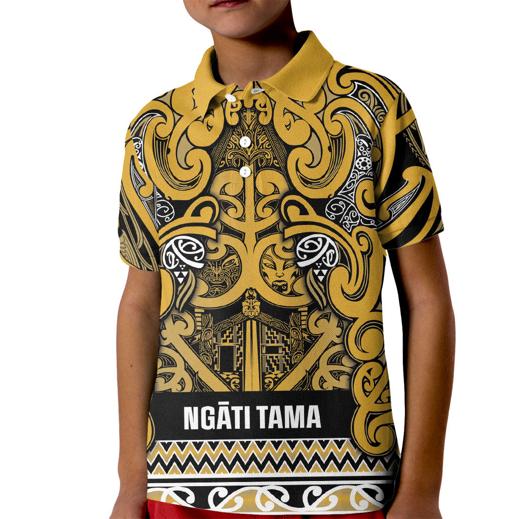 Aotearoa Iwi Ngāti Tama ki Te Waipounamu Trust Kid Polo Shirt Maori Wharenui House Tribal Pattern LT9 Kid Gold - Polynesian Pride