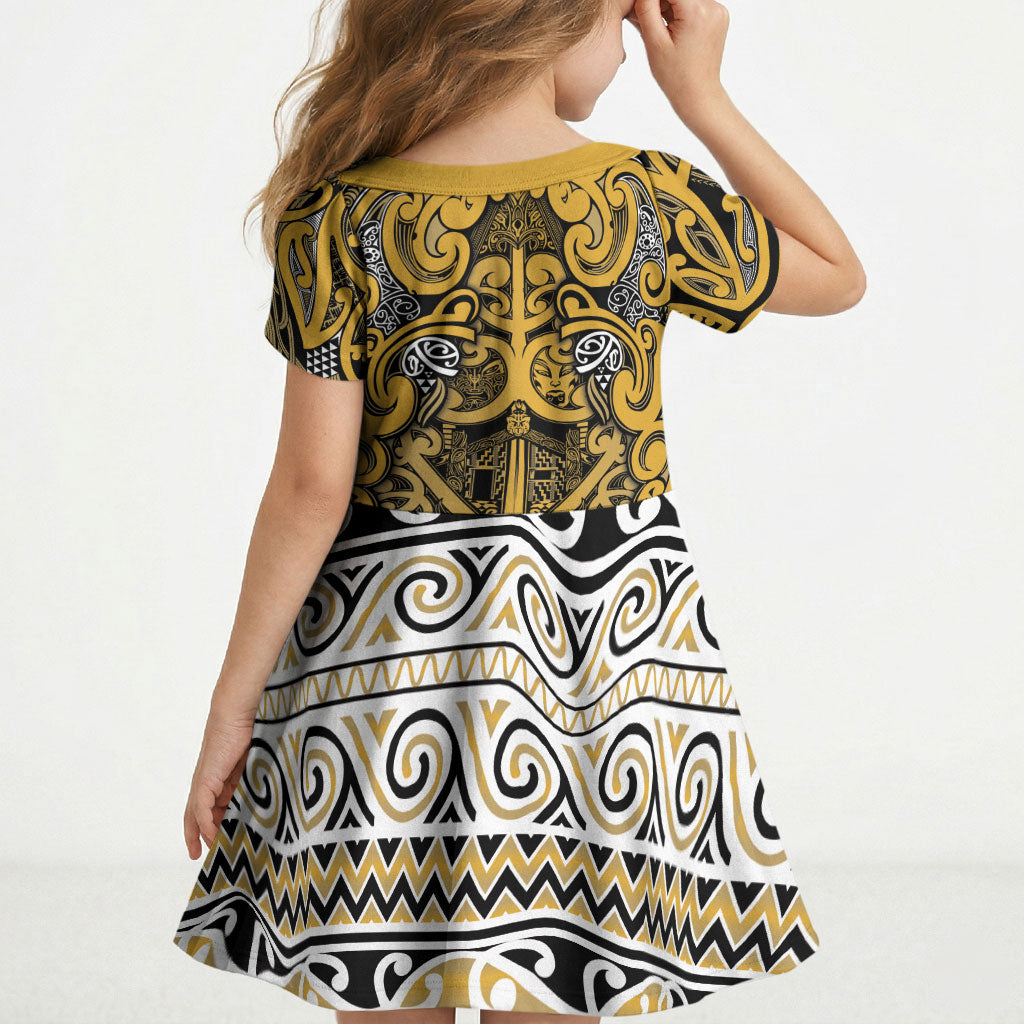 Aotearoa Iwi Ngāti Tama ki Te Waipounamu Trust Kid Short Sleeve Dress Maori Wharenui House Tribal Pattern LT9 - Polynesian Pride