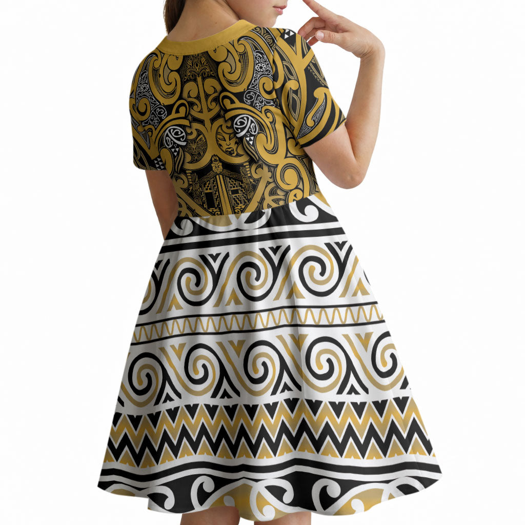 Aotearoa Iwi Ngāti Tama ki Te Waipounamu Trust Kid Short Sleeve Dress Maori Wharenui House Tribal Pattern LT9 - Polynesian Pride