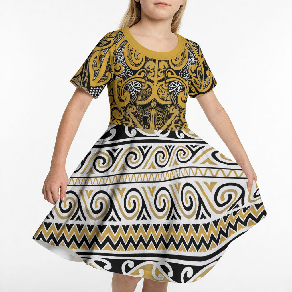 Aotearoa Iwi Ngāti Tama ki Te Waipounamu Trust Kid Short Sleeve Dress Maori Wharenui House Tribal Pattern LT9 - Polynesian Pride