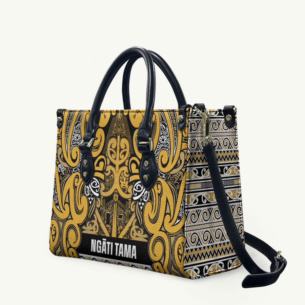 Aotearoa Iwi Ngāti Tama ki Te Waipounamu Trust Leather Bag Maori Wharenui House Tribal Pattern LT9 Gold - Polynesian Pride
