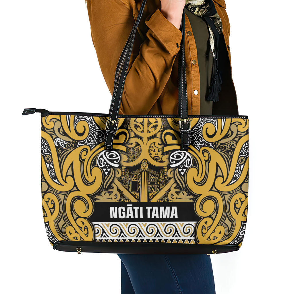 Aotearoa Iwi Ngāti Tama ki Te Waipounamu Trust Leather Tote Bag Maori Wharenui House Tribal Pattern LT9 - Polynesian Pride